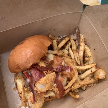Lula and Sadie’s - Bacon and pimento cheese burger with rosemary fries.  Very dry and small burger and fries were cold and soggy. - Southern Near Me - Durham, North Carolina