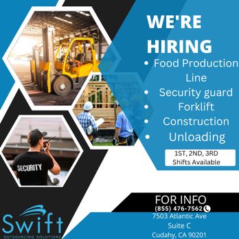 Swift Outsourcing Solutions - NOW HIRING, COME IN AND APPLY OR CALL US FOR MORE INFORMATION AT (855) 476-7562 #Walkinandapply #swiftoutsourcinsolutions #employmentagency - Employment Agencies Near Me - Cudahy, California Swift Outsourcing Solutions - NOW HIRING, COME IN AND APPLY OR CALL US FOR MORE INFORMATION AT (855) 476-7562 #Walkinandapply #swiftoutsourcinsolutions #employmentagency - Employment Agencies Near Me - Cudahy, California