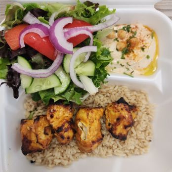 Angelo's - Chicken kabob plate... Brown rice portion was enough to cover the bottom of the tray... The hummus was a poor portion... - Italian Near Me - Loma Linda, California Angelo's - Chicken kabob plate... Brown rice portion was enough to cover the bottom of the tray... The hummus was a poor portion... - Italian Near Me - Loma Linda, California