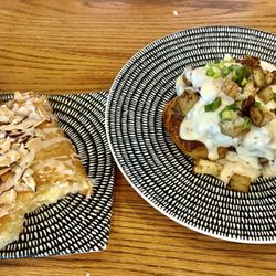Chicken and biscuits with gravy. Cream cheese danish with almonds.