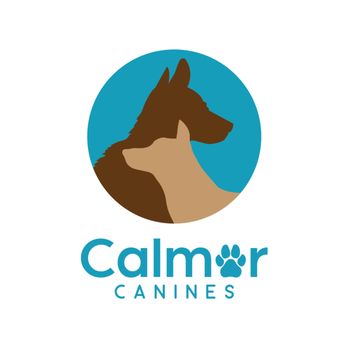 Calmer Canines - Logo: A brown silhouette and a tan silhouette of dogs face each other in an aqua colored circle above the words Calmer CANINES. - Pet Training Near Me Calmer Canines - Logo: A brown silhouette and a tan silhouette of dogs face each other in an aqua colored circle above the words Calmer CANINES. - Pet Training Near Me