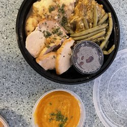  Brady Market - Thanksgiving turkey dinner with turkey, squash, real mashed potatoes, green beans, stuffing, and cranberry sauce.