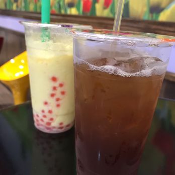 Mai's Teahouse - Mango smoothie with strawberry popping boba and lime black tea - Coffee & Tea Near Me - Richmond, Texas