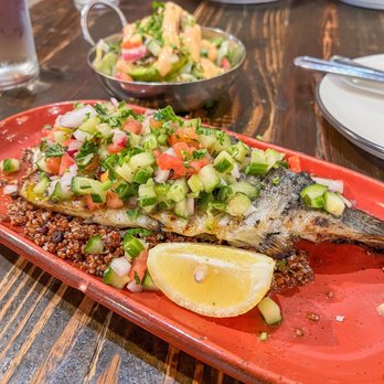 Kid Cashew - Mountain Wild Red Rainbow Trout with Quinoa Stuffed Avocado and the Chicken Avocado Sandwich in the background. - Mediterranean Near Me - Charlotte, North Carolina