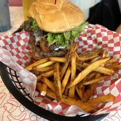 Double bacon cheeseburger with fries
