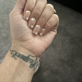 Lavender Nails & Spa - Nude acrylic overlay with hand painted white stars - Nail Salons Near Me - Stockton, California Lavender Nails & Spa - Nude acrylic overlay with hand painted white stars - Nail Salons Near Me - Stockton, California