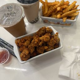Spicy popcorn chicken Spicy Fries  Jasmine milk tea Thai tea