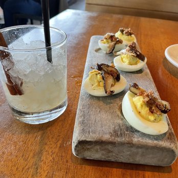 Whiskey Cake - Deviled Eggs and the Figgy Smalls cocktail - New American Near Me - Plano, Texas Whiskey Cake - Deviled Eggs and the Figgy Smalls cocktail - New American Near Me - Plano, Texas