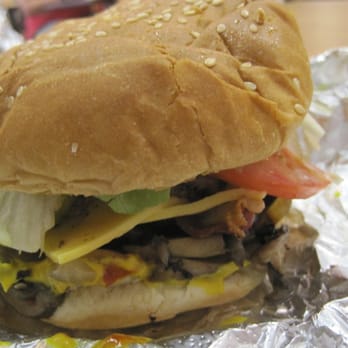 Five Guys - Bacon Cheeseburger "All The Way" (Mayo, Lettuce, Pickles, Tomatoes, Grilled Onions, Grilled Mushrooms, Ketchup, Mustard) - Burgers Near Me - San Diego, California