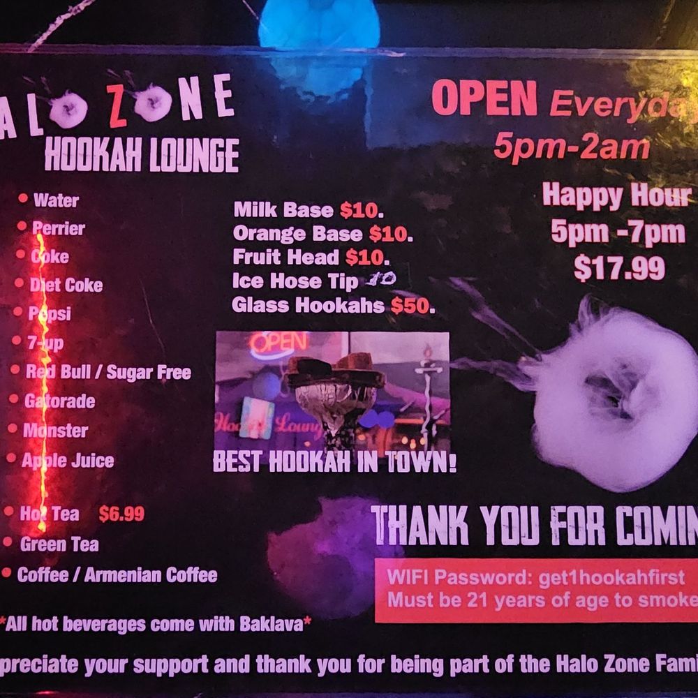 Halo Zone Hookah Lounge - Drink menu - Hookah Bars Near Me - Los Angeles, California Halo Zone Hookah Lounge - Drink menu - Hookah Bars Near Me - Los Angeles, California