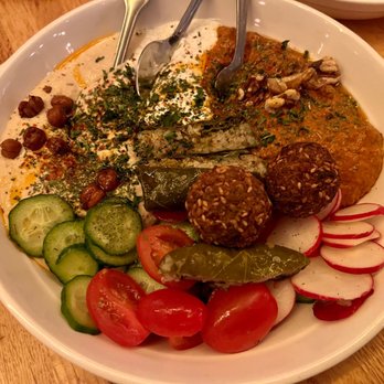 Troya - Mezze Platter: Hummus, Tzatziki, Muhammara, Falafel, Dolma - Mediterranean Near Me - San Francisco, California Troya - Mezze Platter: Hummus, Tzatziki, Muhammara, Falafel, Dolma - Mediterranean Near Me - San Francisco, California