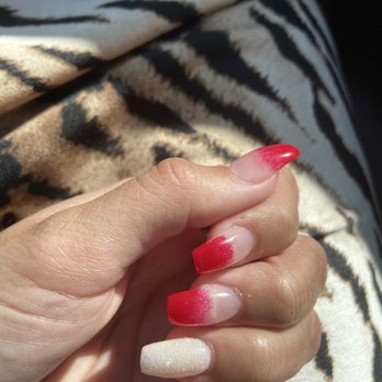 Sunset Nails - Full set, Red ombré, w glitter on each ring finger - Nail Salons Near Me - San Francisco, California Sunset Nails - Full set, Red ombré, w glitter on each ring finger - Nail Salons Near Me - San Francisco, California