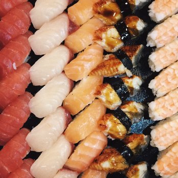 Kats Sushi - Left to right: Ahi (Tuna), Hamachi (Yellowtail), Sake (Salmon), Unagi (Eel) and Ebi (Shrimp) - Sushi Bars Near Me - Honolulu, Hawaii Kats Sushi - Left to right: Ahi (Tuna), Hamachi (Yellowtail), Sake (Salmon), Unagi (Eel) and Ebi (Shrimp) - Sushi Bars Near Me - Honolulu, Hawaii