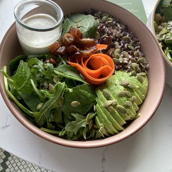 The Grove Juicery - Quinoa & greens bowl with carrot ribbons, avocado, pumpkin seeds, microgreens, dates, and house citrus vinegarette - Juice Bars & Smoothies Near Me - Omaha, Nebraska The Grove Juicery - Quinoa & greens bowl with carrot ribbons, avocado, pumpkin seeds, microgreens, dates, and house citrus vinegarette - Juice Bars & Smoothies Near Me - Omaha, Nebraska