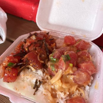 Ono Seafood - small poke bowl + additional flavor (.50c) haw'n style (left), miso (right) - Seafood Near Me - Honolulu, Hawaii Ono Seafood - small poke bowl + additional flavor (.50c) haw'n style (left), miso (right) - Seafood Near Me - Honolulu, Hawaii