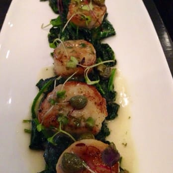 Fish Restaurant + Bar - Pan seared scallops with capers & lemon sauce over spinach - New American Near Me - Stamford, Connecticut