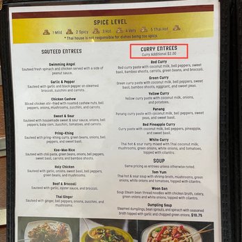 Thai House - The one-price entrees pages have an up-charge for curry (no problem, but they add it to individually priced items on another page). - Thai Near Me - Columbia, Illinois