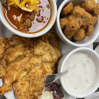 Blue Bonnet Cafe - Chicken fried chicken with 3 sides - Desserts Near Me - Marble Falls, Texas