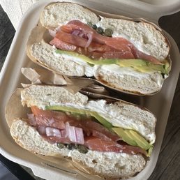 Lox Bagel (capers, red onion, avocado, lox, cream cheese) Lox Bagel (capers, red onion, avocado, lox, cream cheese)