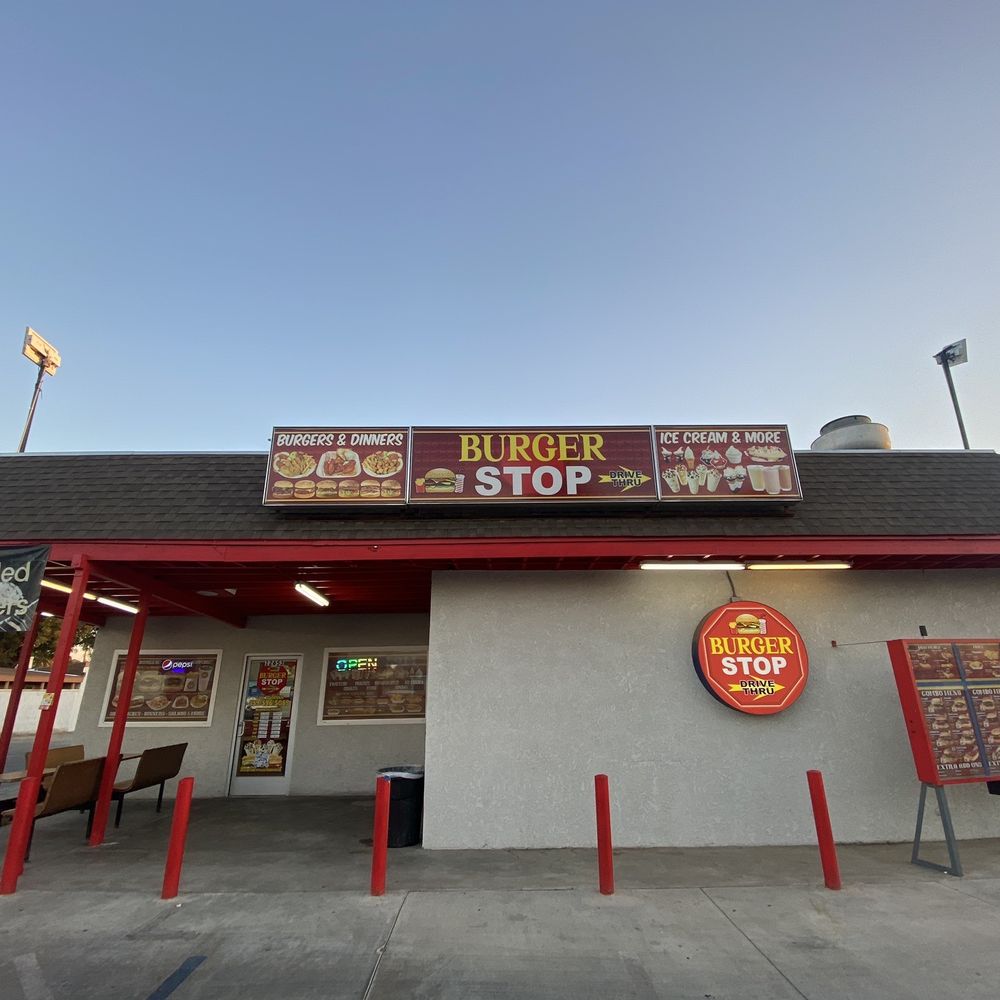 Burger Stop - Exterior. Parking to the East and in back, drive thru - Burgers Near Me - Orosi, California