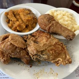 Fried chicken, grits and sweet potato casserole