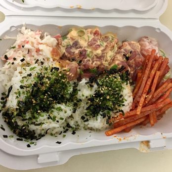 Poke & Box - Furikake rice, imitation crab, avocado (under the crab), spicy ahi, sesame salmon, and taegu! All for around $11... - Poke Near Me - Honolulu, Hawaii Poke & Box - Furikake rice, imitation crab, avocado (under the crab), spicy ahi, sesame salmon, and taegu! All for around $11... - Poke Near Me - Honolulu, Hawaii