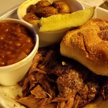 Fatback's Barbecue - Brisket sandwich, roasted potatoes and baked beans. Yum - Barbeque Near Me - Dayton, Ohio