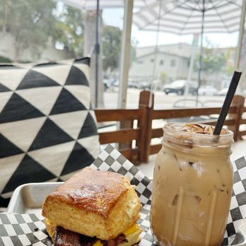 Ground Hideout Coffee - Biscuit w/ Bacon & Egg and Coconut Chocolate Latte - Coffee & Tea Near Me - Long Beach, California