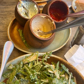 Karas - Arugula salad and 3 Dip Plate - Armenian Near Me - Glendale, California Karas - Arugula salad and 3 Dip Plate - Armenian Near Me - Glendale, California