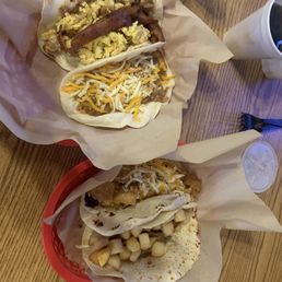 Potato Egg Bean and Bacon. CG with cheese and a couple of other tacos. Potato Egg Bean and Bacon. CG with cheese and a couple of other tacos.