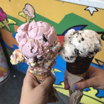Emack & Bolio's - Original Oreo in Chocolate Cone and Deep Purple Cow in Fruity Pebbles Cone - Ice Cream & Frozen Yogurt Near Me - Boston, Massachusetts Emack & Bolio's - Original Oreo in Chocolate Cone and Deep Purple Cow in Fruity Pebbles Cone - Ice Cream & Frozen Yogurt Near Me - Boston, Massachusetts