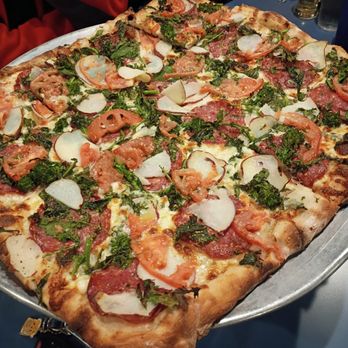 Domenic's And Vinnie's Pizza - Supersada, broccoli rod, sliced red potato, sliced tomato, white pizza, no garlic, because the broccoli Rob has it in it. - Pizza Near Me - Southington, Connecticut
