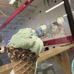 Pistachio ice cream, almond chocolate waffle cone,