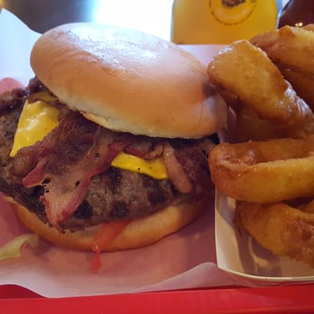 Olive Burger - 1/2 lb Cheese burger with beef bacon 6.75 side onion rings 2.75 - Burgers Near Me - Richardson, Texas Olive Burger - 1/2 lb Cheese burger with beef bacon 6.75 side onion rings 2.75 - Burgers Near Me - Richardson, Texas