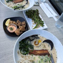 Combos - soup are both ramen tonkotsu with side appetizers of creamy broccolini and Chicken Karaage Combos - soup are both ramen tonkotsu with side appetizers of creamy broccolini and Chicken Karaage