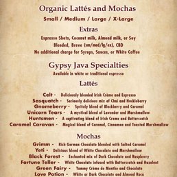 Menu to Gypsy Java in Pullman, WA