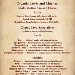 Menu to Gypsy Java in Pullman, WA