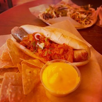 Biergarten - Kalbi Tacos and bratwurst kimchi dog - Gastropubs Near Me - Los Angeles, California