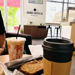 Strawberry & Cream latte, banana bread, Cocomel latte with almond milk.