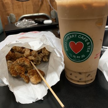 Sweetheart Cafe - Forever popcorn chicken with basil (don't forget your white pepper & spicy powder) + black tea with pearls - Bubble Tea Near Me - San Francisco, California