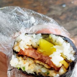 Spam musubi with egg and takuan