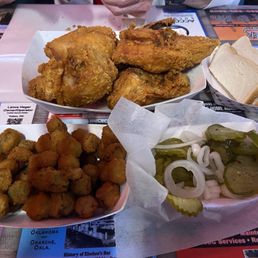 Chix, Okra, pickles and white bread