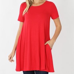 Short Sleeve Zenana Pocket Tunic, Ruby 57% Polyester, 38% Rayon, 5% Spandex 36" long