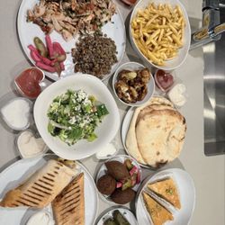 Abdallah’s Lebanese Cafe - Kibbe balls, Chicken Shawarma Plate, Baklava, Pita Bread, Fries Large, Fattoush Salad, Grape Leaves, Fried Cauliflower Small