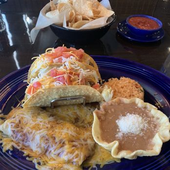 Avocados - Pick 3 combination. Two beef tacos, beef enchilada with red sauce. Refried beans and rice. - Mexican Near Me - Bradenton, Florida