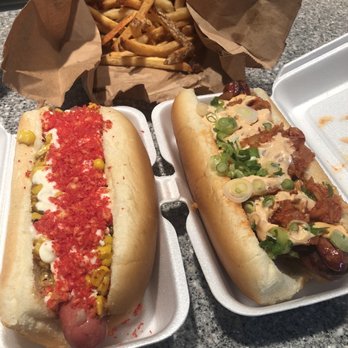 One Stop Coney Shop - Elote Dog (daily special/left) and Kimchi Dog (right) - Hot Dogs Near Me - Grand Rapids, Michigan