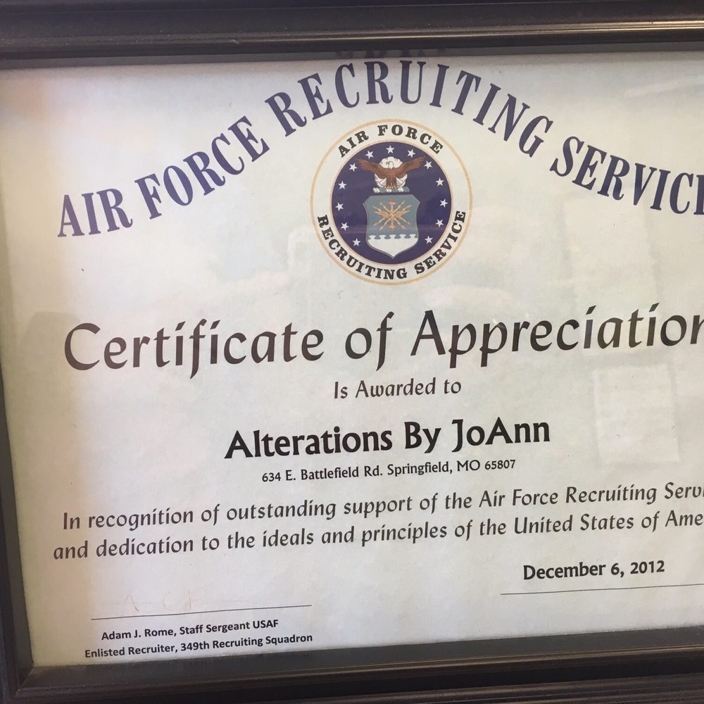 Alterations by Jo Ann - Certificate of Appreciation from Air Force. No express charges for military uniforms. - Sewing & Alterations Near Me - Springfield, Missouri Alterations by Jo Ann - Certificate of Appreciation from Air Force. No express charges for military uniforms. - Sewing & Alterations Near Me - Springfield, Missouri