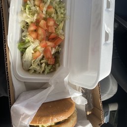 a sandwich and salad in a styrofoam container a sandwich and salad in a styrofoam container