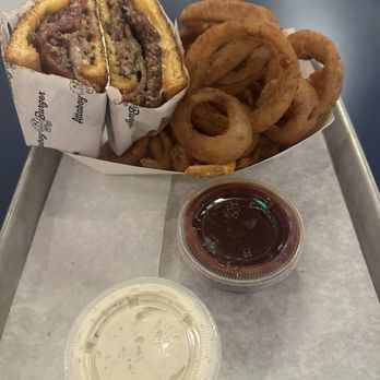 Attaboy Burger - Texas toast with bacon & 50/50 and sauces (bbq & ranch) - Burgers Near Me - Las Vegas, Nevada