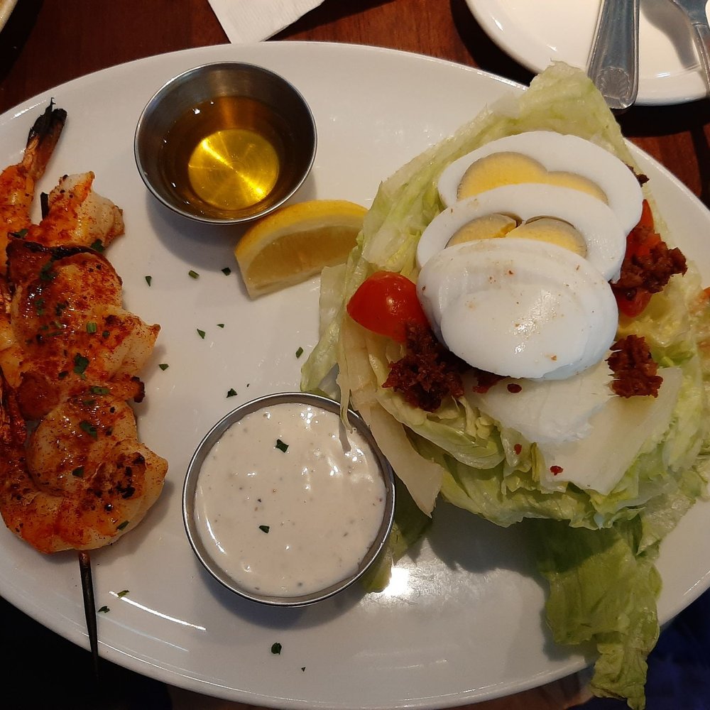 FishBar - Lunch Special ($12.99), Shrimp and Scallop Skewer and Wedge Salad, came with a cup of New England Clam Chowder too!? - Seafood Near Me - Manhattan Beach, California